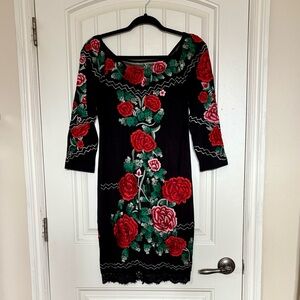 Vintage Collection Black Dress with Red Rose Embroidery